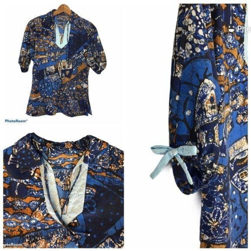 Vintage 60s 70s Handmade Novelty Print Popover Blouse Boho HIppie Folk Art (T10)